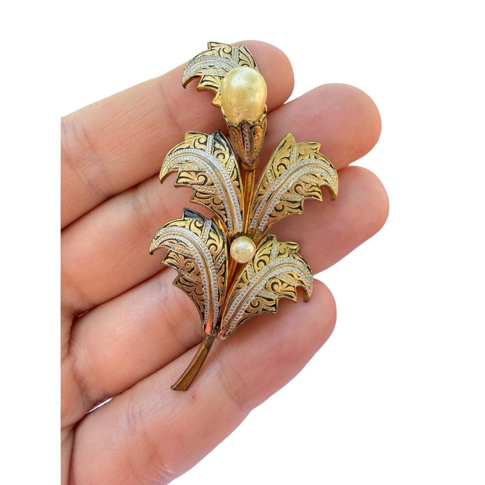 Vintage Damascence Leaves Pin Brooch with pearls Signed Spain Brooch Spain Jewel